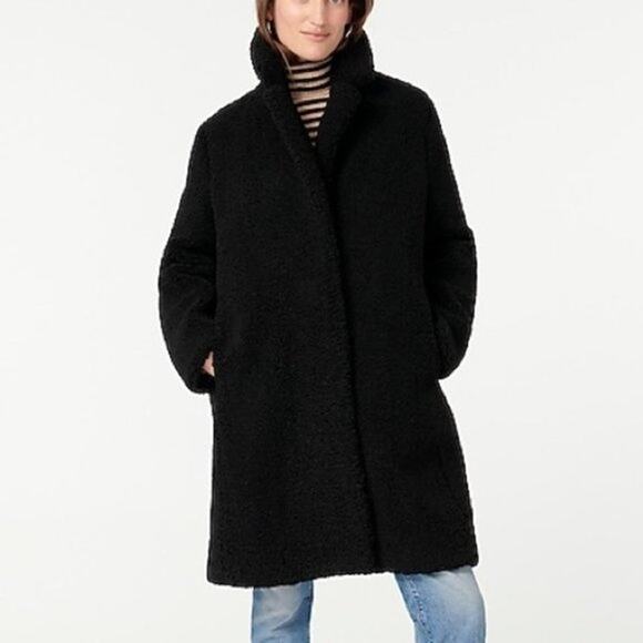 J. Crew Teddy Sherpa Topcoat Peacoat Mid Length Black Large - Picture 1 of 5